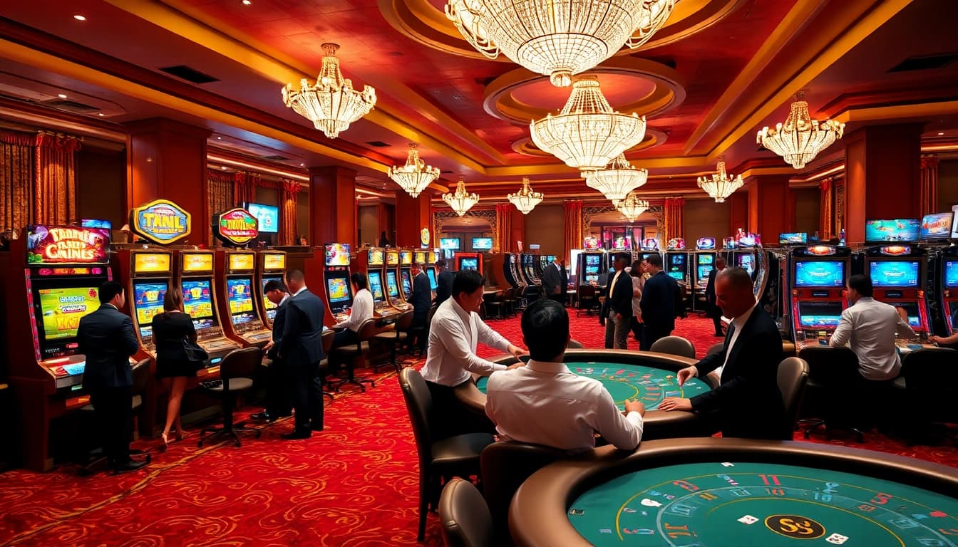 Slot machine excitement at situs deposit 5k casino, showcasing gamblers winning big.