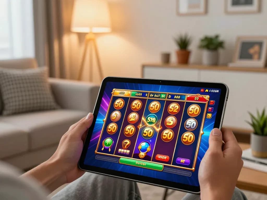 Engaging in slot bet 50 from a cozy home setup while using a tablet for online gaming.