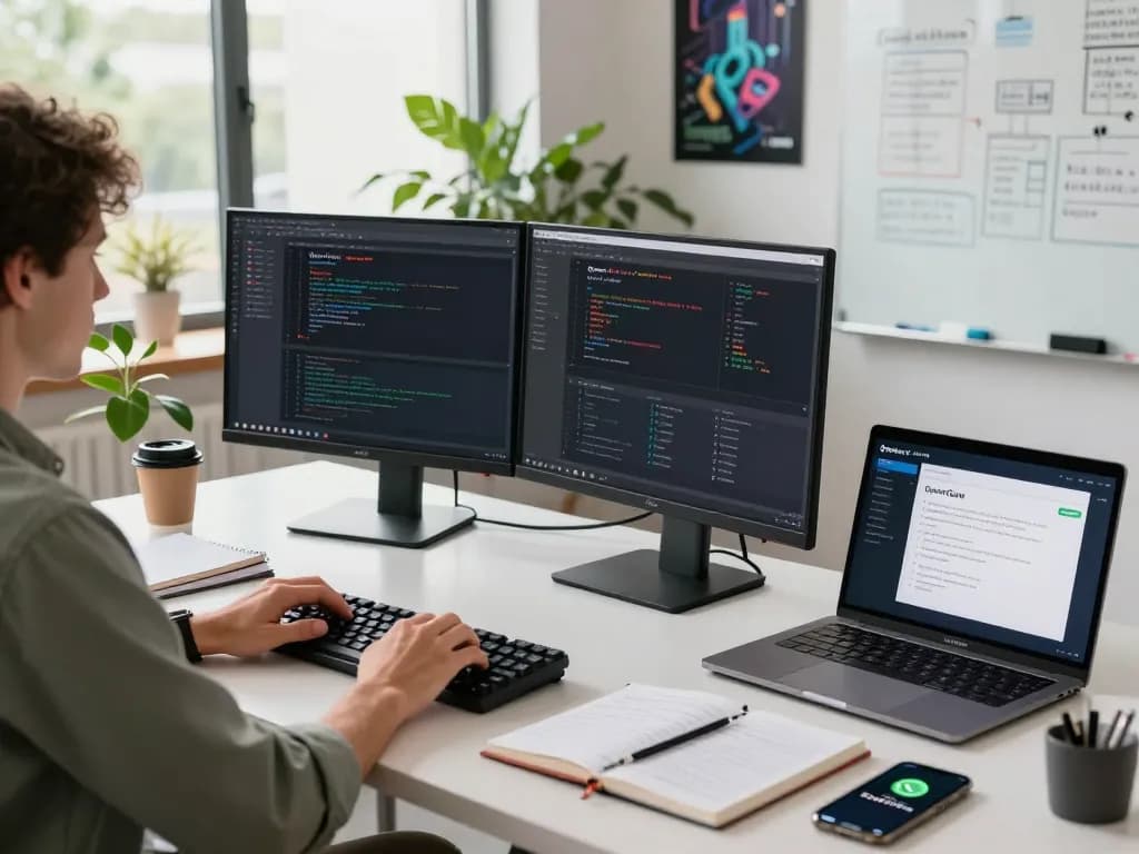 OpenClaw personal AI assistant in a modern tech workspace with a developer coding on dual screens.