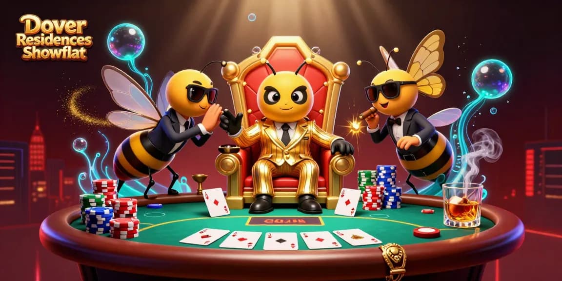 Dover Residences Showflat showcases a vibrant 3D casino scene with gambling elements and dynamic characters.