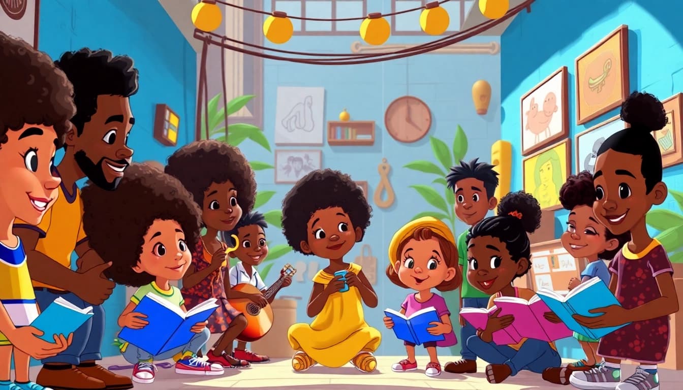 A colorful illustration of African American Cartoons featuring diverse animated characters in an urban setting, promoting representation and creativity.