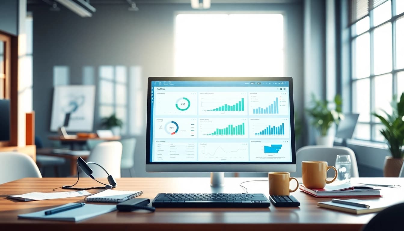 Showcasing call centre software in action with a user analyzing metrics, in a modern office.