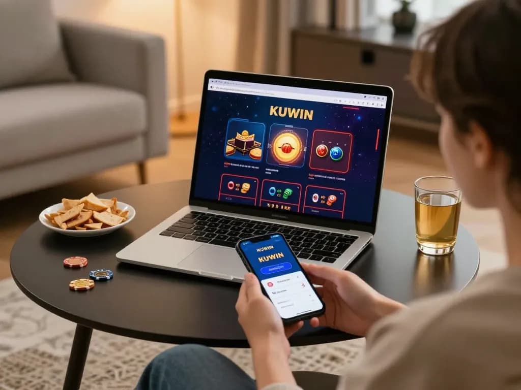 Kuwin players enjoying a comfortable home gaming experience with mobile and laptop devices.