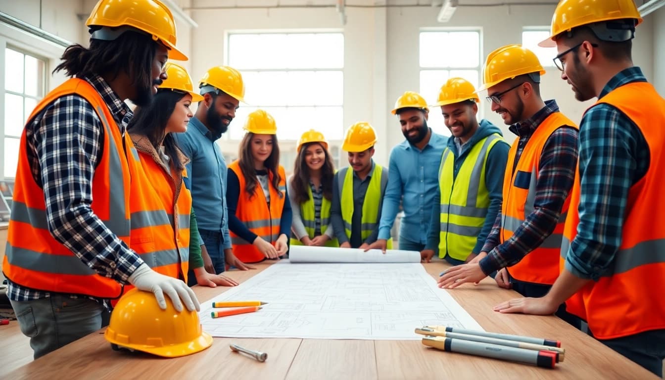 Individuals engaged in construction training collaborating on project tasks.