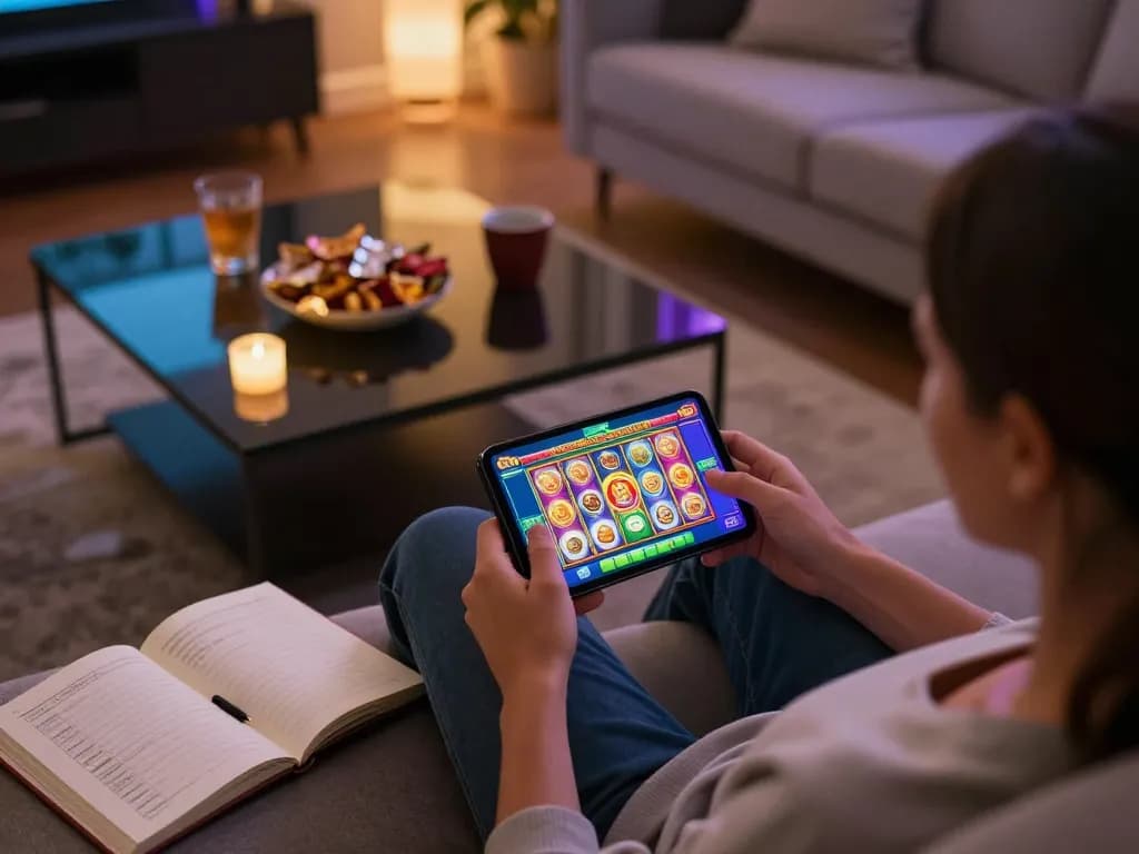 Player spinning the reels on a mahjong slot game in a cozy home setting, enjoying the online casino experience.