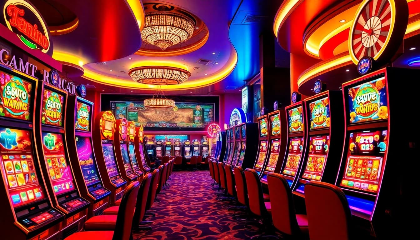Para pemain menikmati opsi deposit Slot 1K di kasino yang hidup dengan mesin slot berwarna-warni.