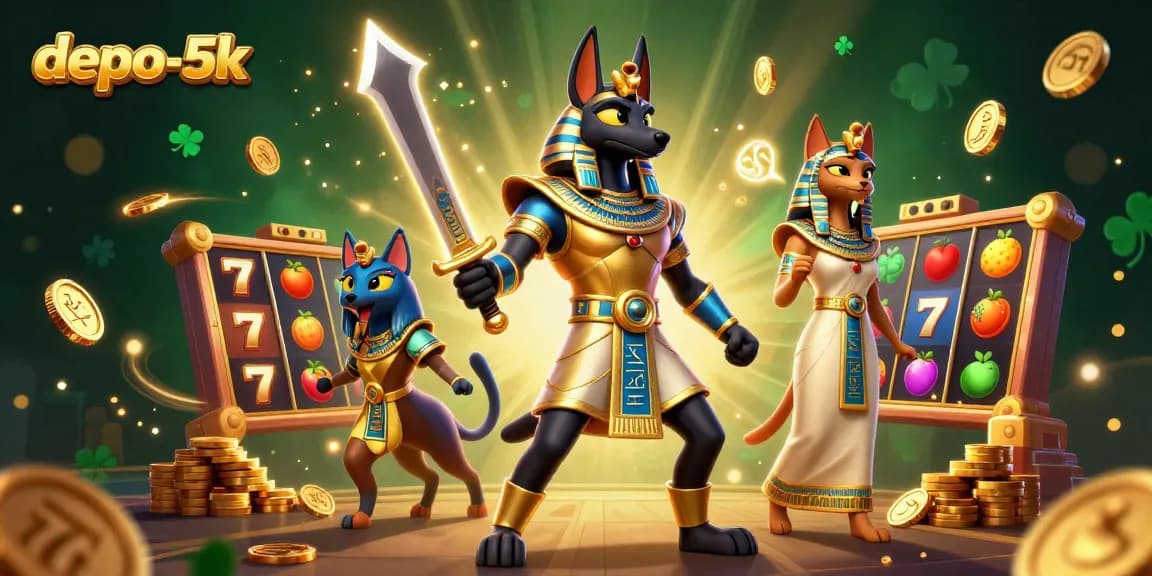 Spin the reels at depo-5k with Anubis and Bastet as jackpot symbols fly around.