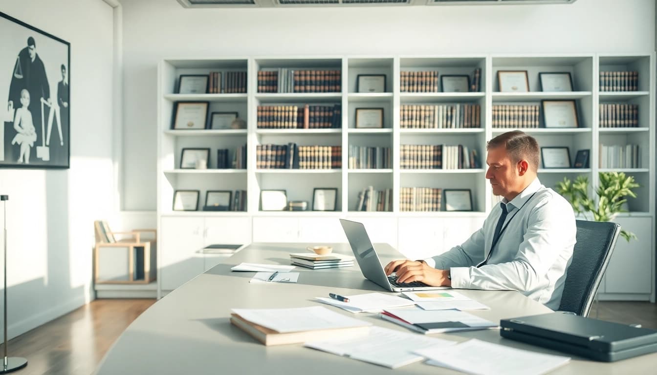 Visual representation of Automated Legal Notice Generation in a professional office with legal documents and a laptop.