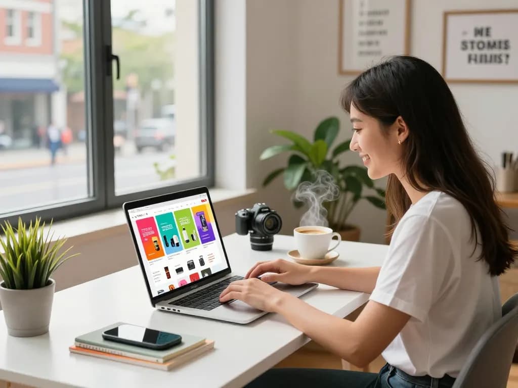 Exciting e-commerce office setup featuring vibrant online shopping on https://hubet88.icu/ with products and creative workspace.
