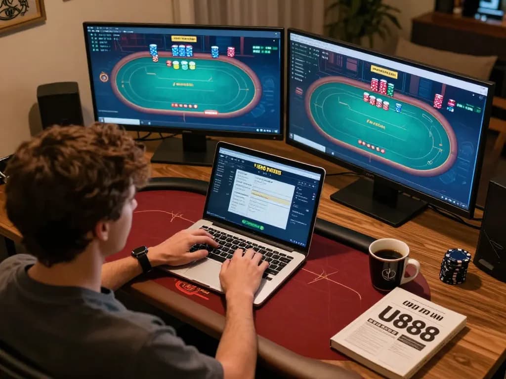Engaging online poker gameplay at u888poker with a player analyzing strategies