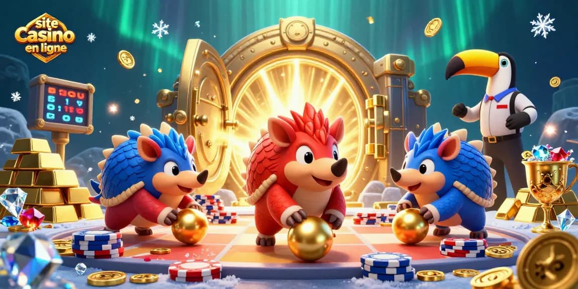 Visualisez un site casino en ligne dynamique avec des pangolins en compétition, entourés de trésors et de jeux.