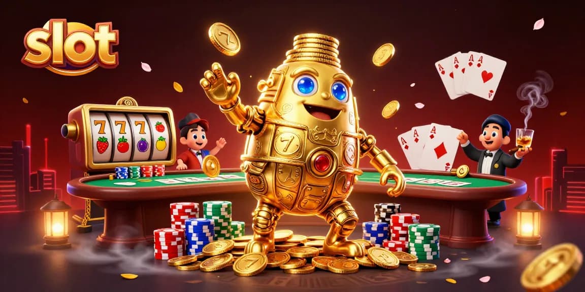 Spin the slot reels with an ancient golden golem amidst poker chips and vibrant casino elements.