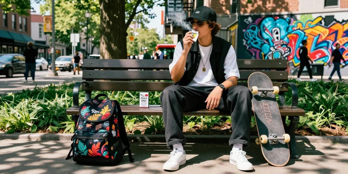 Buy pure fire k2 liquid spray on paper showcased in an urban lifestyle scene with a stylish young adult.