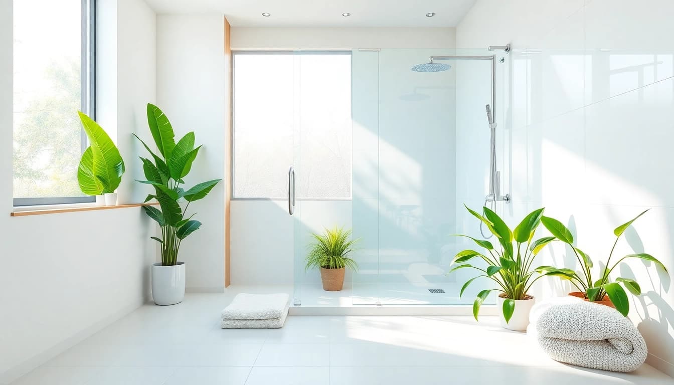 Immerse in a luxurious sunny shower experience showcasing modern fixtures and natural lighting.