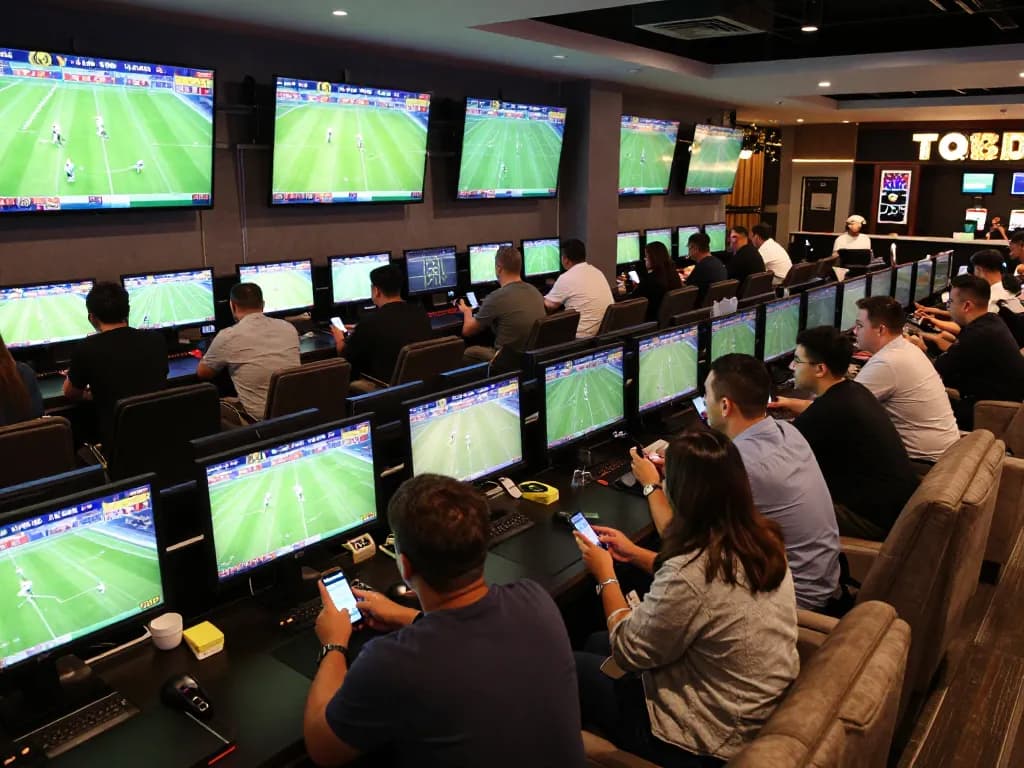 Kqbd hôm nay displayed on the screens at a lively sports betting lounge filled with engaged fans watching matches