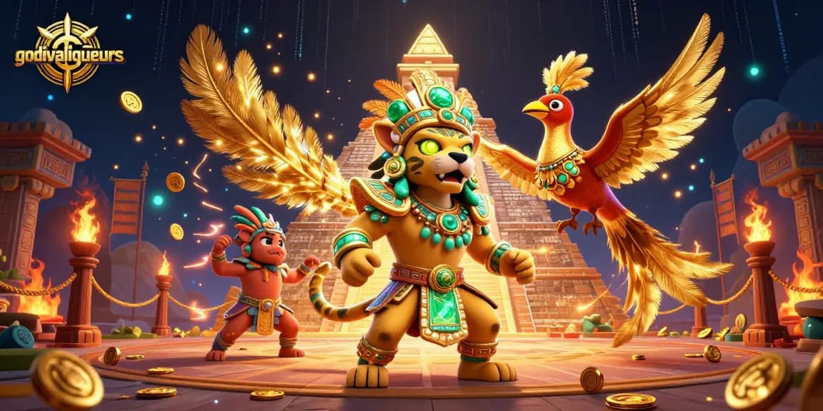 Experience excitement with godivaliqueurs in a vibrant casino setting, featuring dynamic characters and game elements.