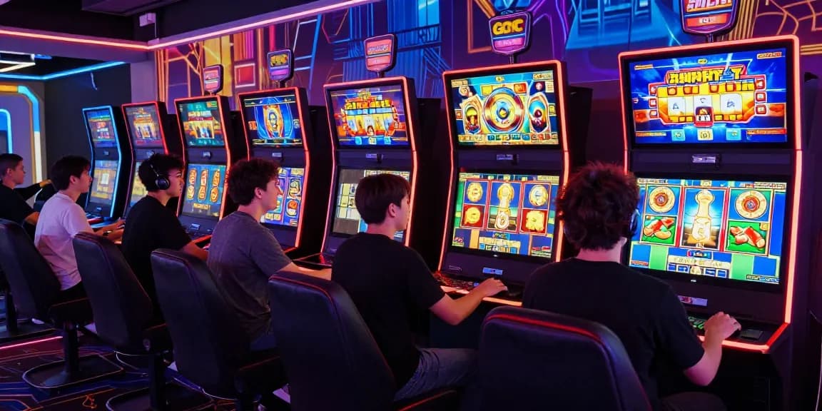 Exciting online slot gaming experience with players at virtual machines celebrating wins.