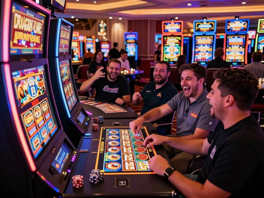 Excited players celebrate a big win at a Dragon Link slot machine in Las Vegas, showcasing the thrilling link slot experience.