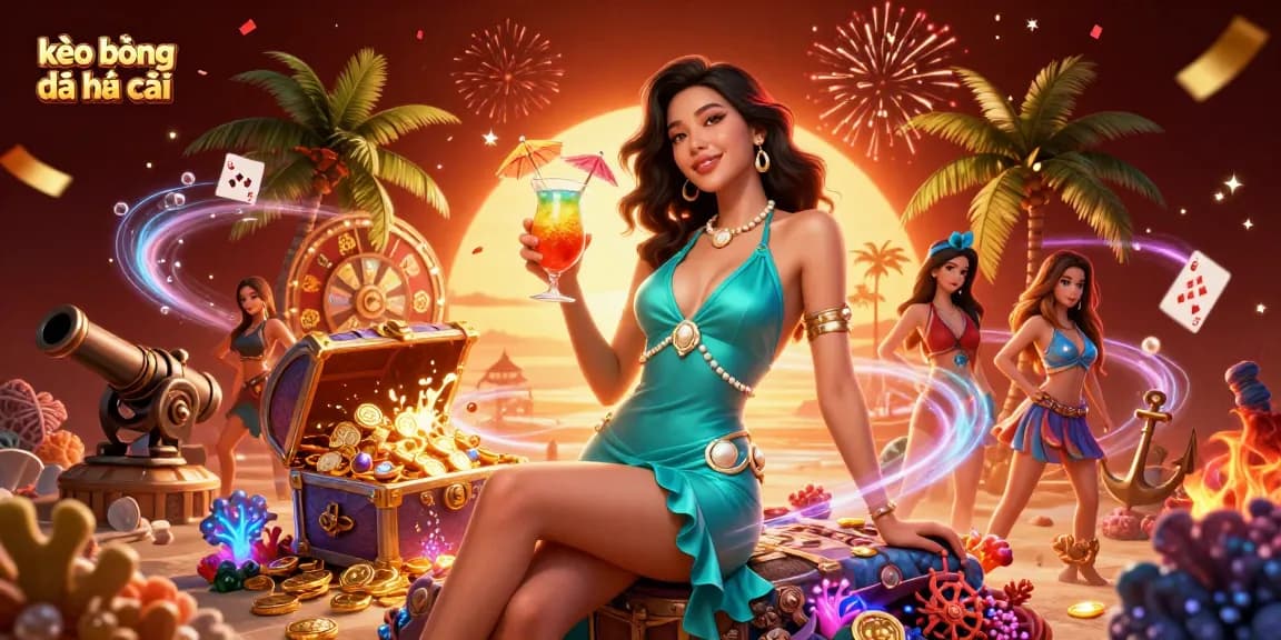 Experience kèo bóng đá nhà cái with a glamorous tropical scene filled with vibrant casino elements.