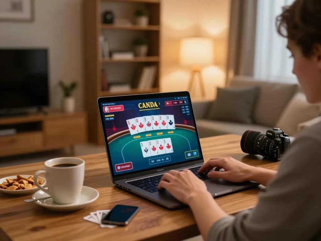 Engaging gameplay on online casinos Canada at home with laptop showing poker interface.