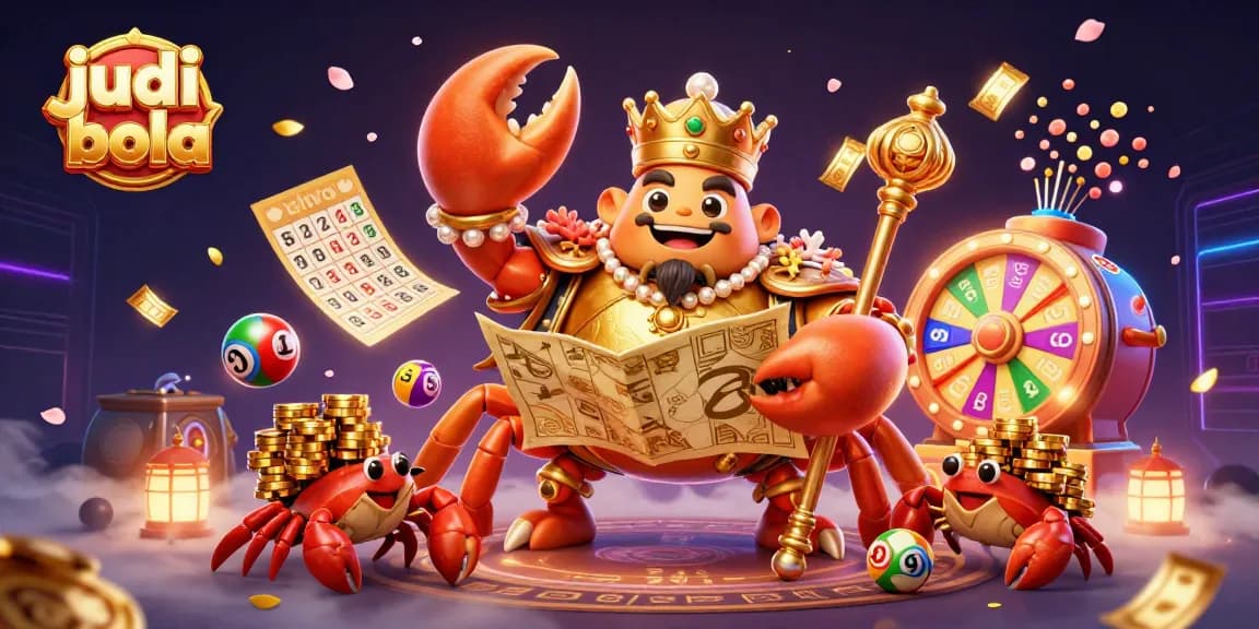 Engage with judi bola as a massive golden crab emperor leads a thrilling lottery scene filled with vibrant game elements.