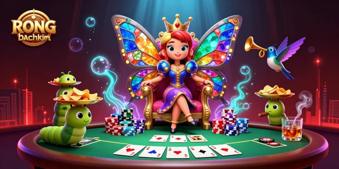 Rong bachkim enhances winning strategies with detailed poker scene featuring a whimsical butterfly queen.