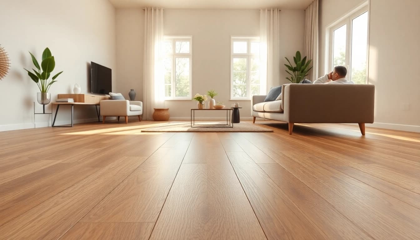 Vinyl flooring showcased in a modern living room with natural light.