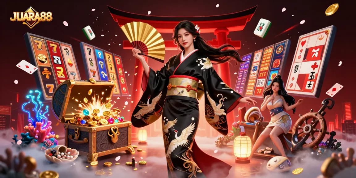 Experience JUARA88 with stunning slot reels and vibrant casino elements in a captivating 3D illustration.
