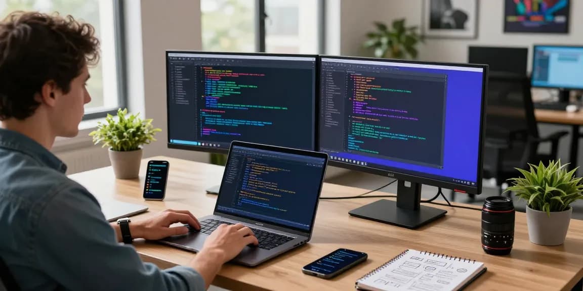 Efficient workspace with a developer coding on a laptop, showcasing advanced tech features of 纸飞机中文版 in a modern office.