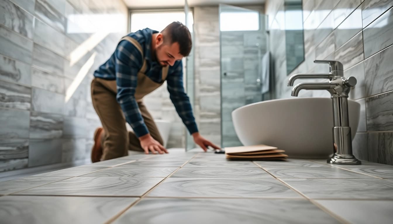 Bathroom fitters Manchester installing elegant tiles in a modern bathroom setting.