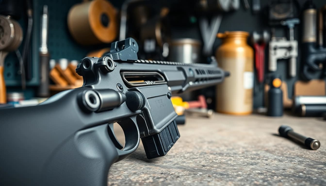 Showcasing an AR 15 trigger with intricate details in a professional workshop setting.