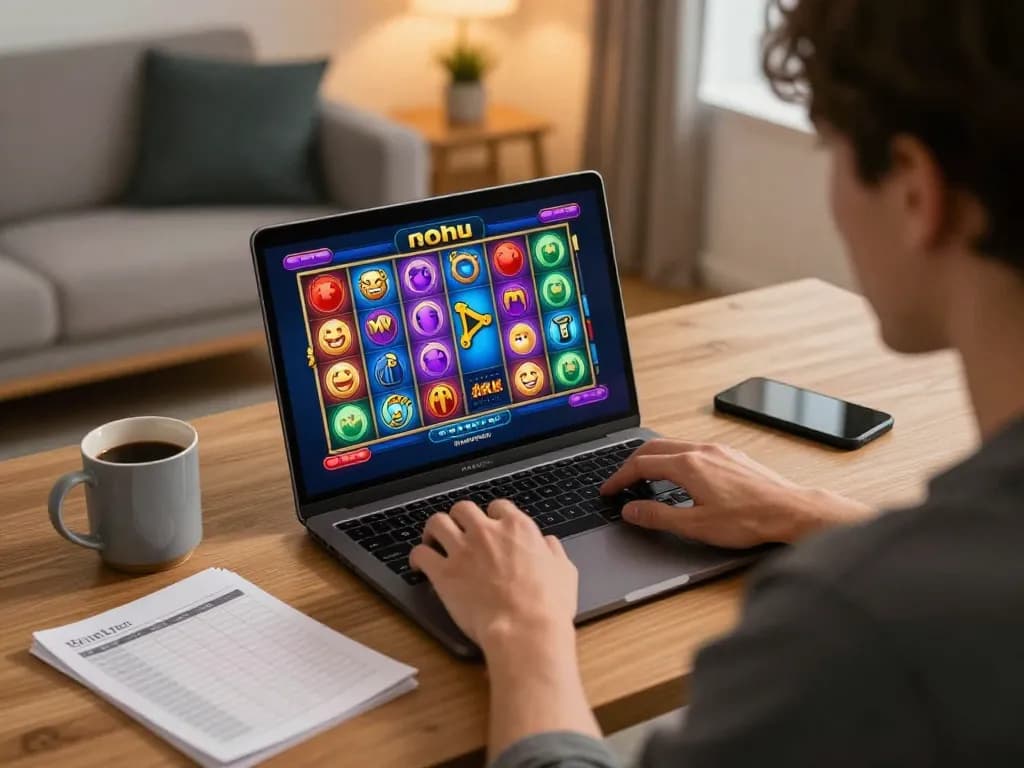 Nohu player engaging with an online slot game at home, enjoying a cozy gaming experience