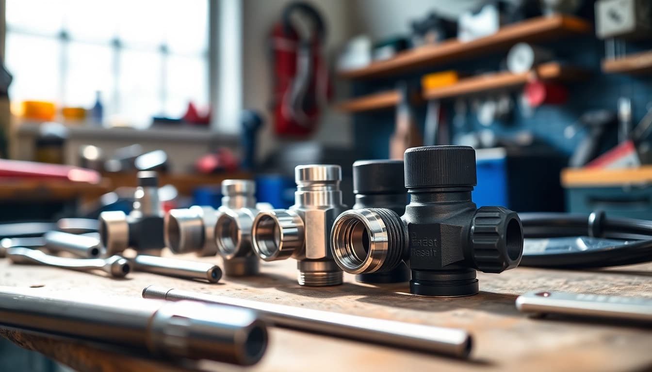 Investigating EFI fuel system fittings showcased on a workshop bench.