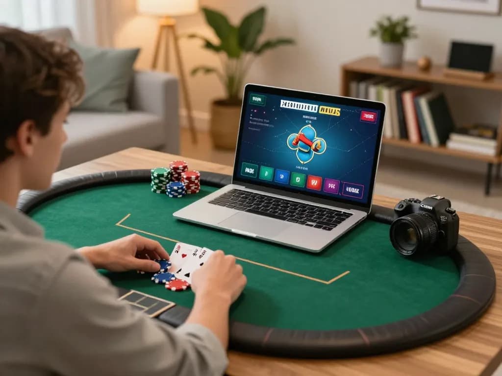 Engaged player enjoying slot-gacor2026 while playing online poker at home, showcasing cozy atmosphere.
