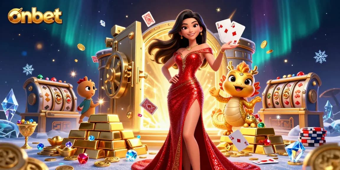 Join the excitement at onbet casino with a stunning Asian woman and golden dragon amidst floating cards and treasure.