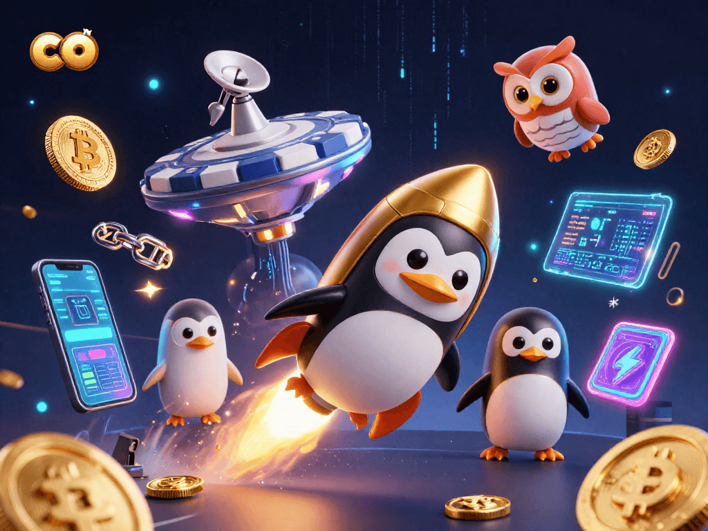 Engage with co in this vibrant 3D illustration of a golden penguin and casino elements.