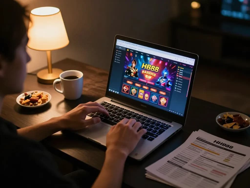 Engaging in HB88 online gambling with vibrant game interface on laptop and cozy setup