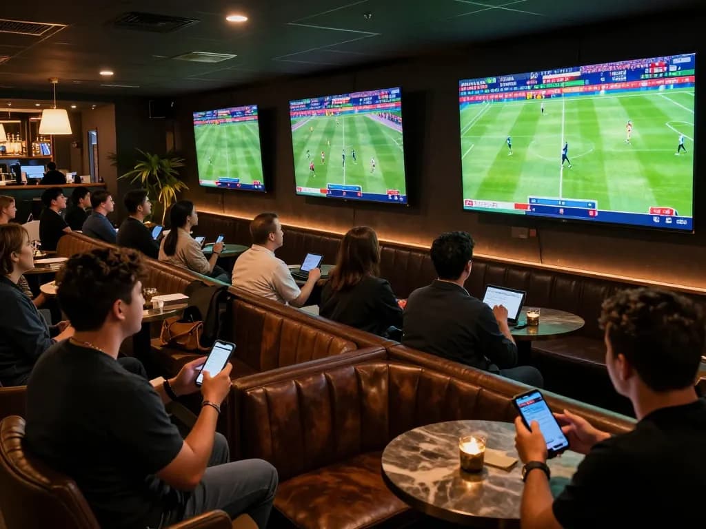 Cà khịa tv fans engaged in live sports betting while watching matches in a stylish bar