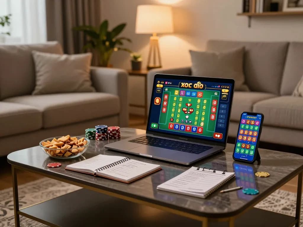 Xóc đĩa online gaming session with a cozy setup showcasing a laptop and smartphone