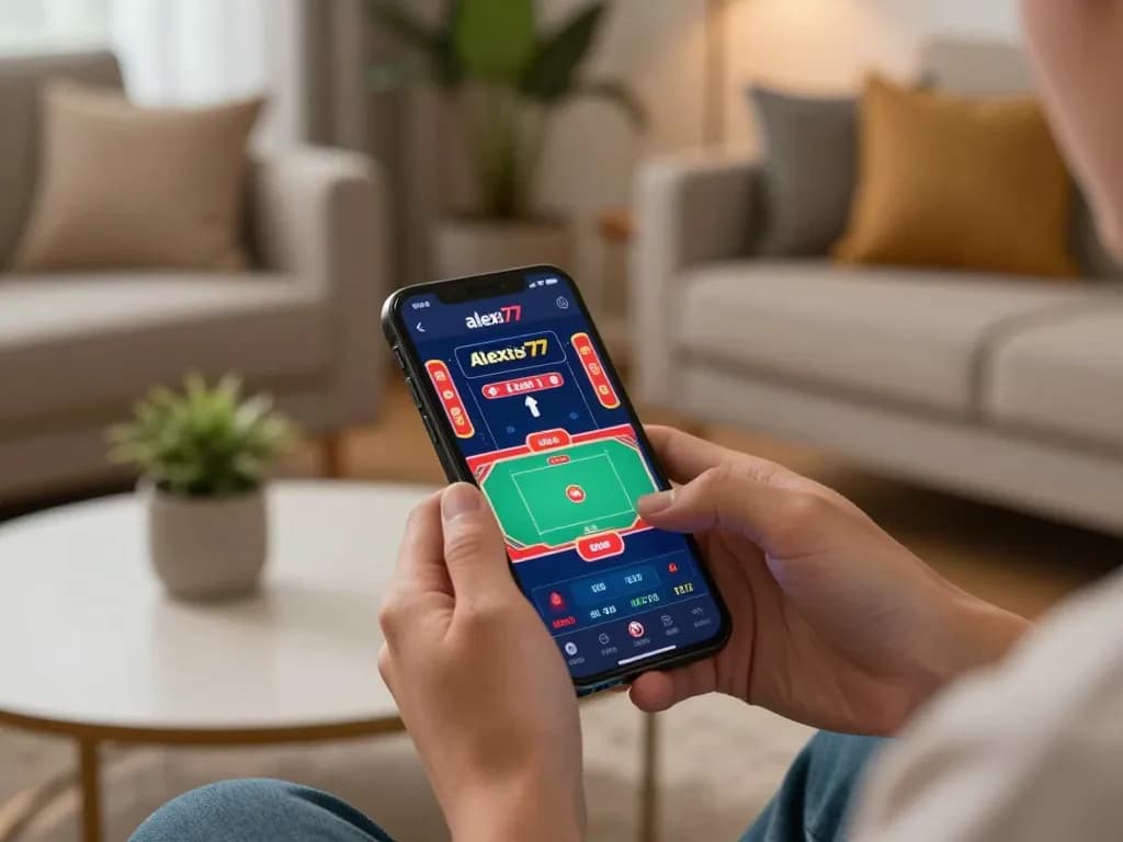 Player enjoying the alexis77 online casino app on smartphone, capturing modern gaming excitement at home.