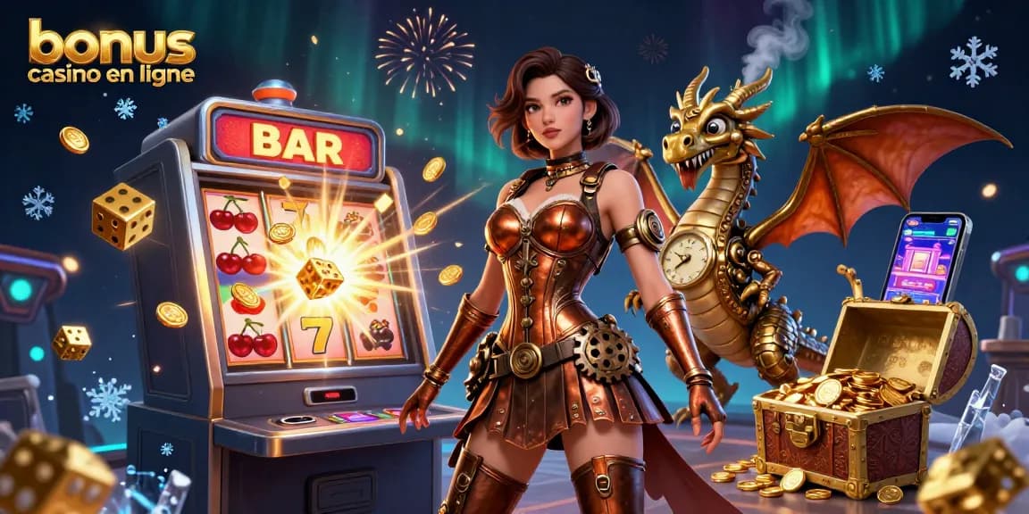 Découvrez des bonus passionnants au bonus casino en ligne avec des visuels riches de machines à sous et de scènes de dragons.
