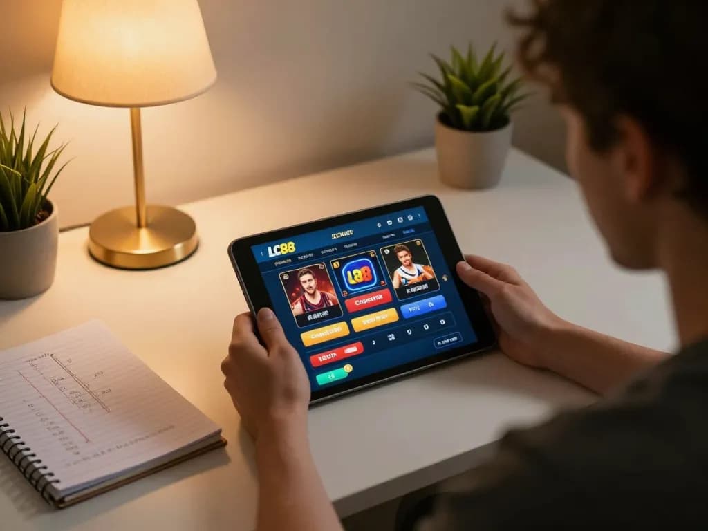 Engaged user on LC88 app during online gaming, illustrating strategic betting