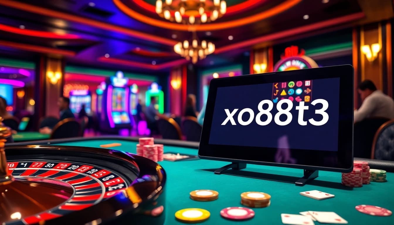 Experience the thrill of gambling at a casino with xo88t3 gaming visuals featuring roulette wheels and poker chips.