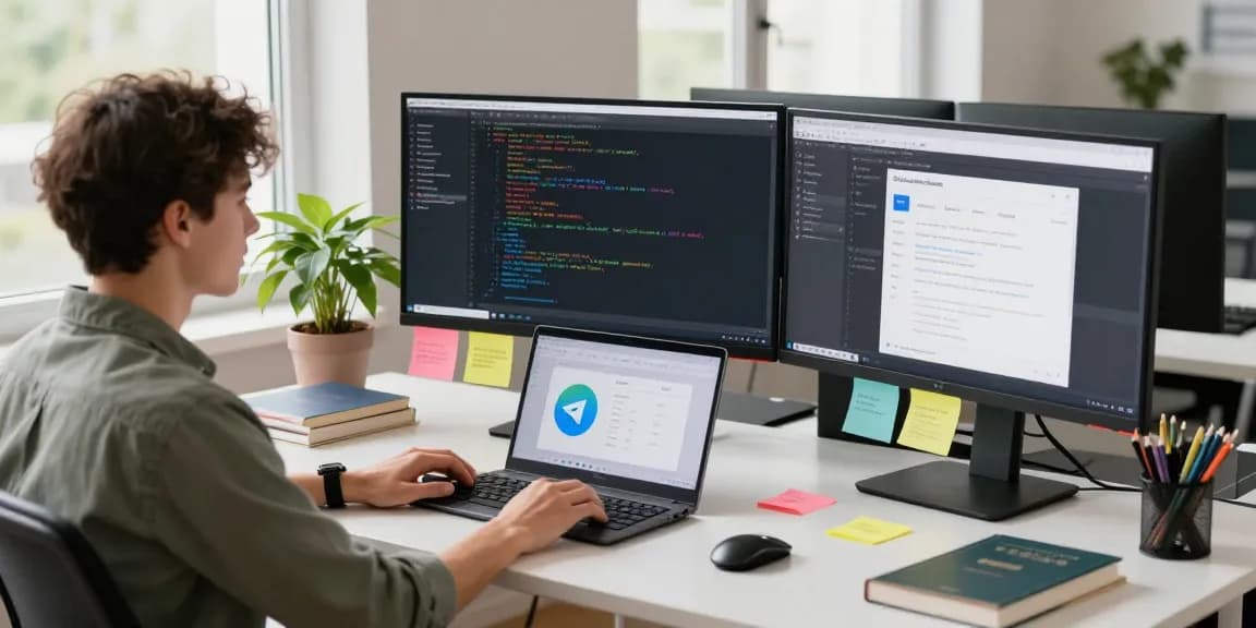 Developer in a modern workspace showcasing 纸飞机中文版 app features on multiple monitors.