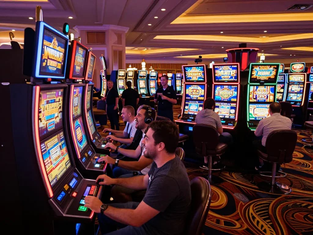 Players enjoying the vibrant slot777 slot machines in a Las Vegas casino, excitement in full swing.