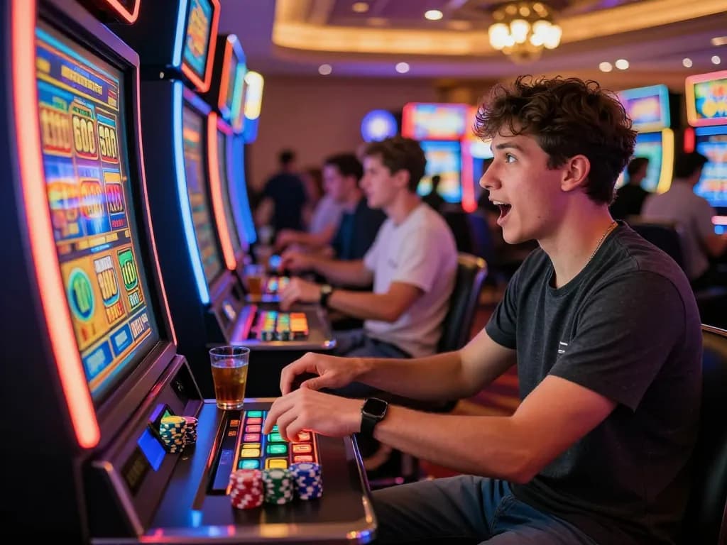 Excited player preparing to place a slot bet 300 at a vibrant casino with neon lights and casino chips.