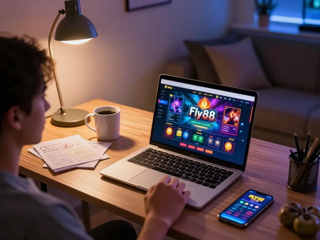Engaging online gaming session at nhà cái fly88 with vibrant interface displayed on laptop, personal touch in cozy home setting.