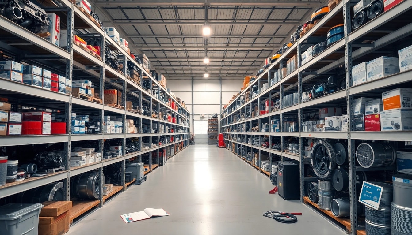 View of a well-organized warehouse from https://factoryoemsupply.com/ filled with OEM automotive parts.