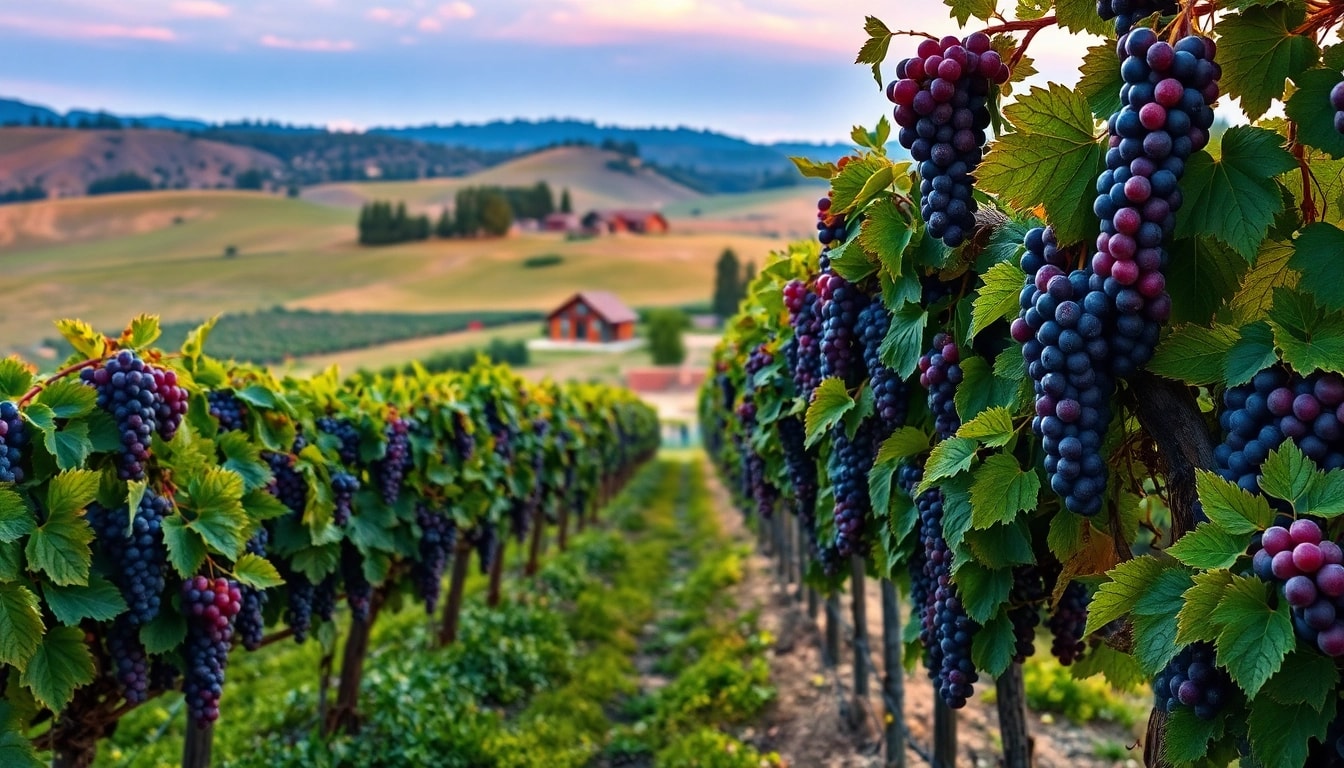 Experience the allure of Clarksburg wines amidst a scenic vineyard backdrop with sunlit grapes.