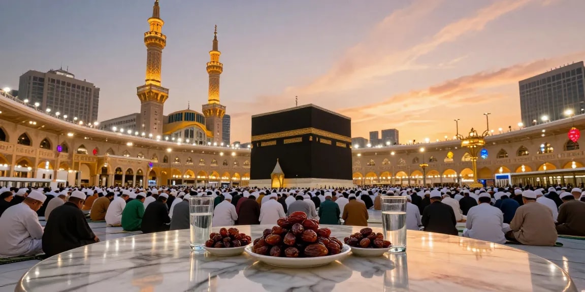 Umroh Ramadhan experience: pilgrims at Masjid al-Haram sharing Iftar, beautiful destination, spiritual journey, travel guide.